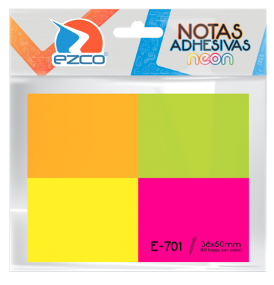 Notas Autoadhesivas Ezco E-701 38 X 50 Mm X 50 Hojas  x 4 Unid. Colores Neon (Rosa-verde-amarillo-naranja) Cod. 980701
