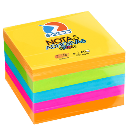 Notas Autoadhesivas Ezco E-725 75 X 75 Mm. Taco X 300 Hojas  5 Colores Neon (Rosa-verde-amarillo-naranja-celeste) Cod. 980725